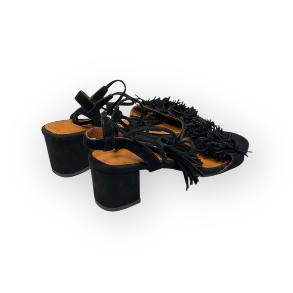 Fringe Block Heel Ankle Strap Sandals ꧁ Black Suede ꧁ 9.5M 260 ꧁ Leather Sole ꧂ - Picture 4 of 16
